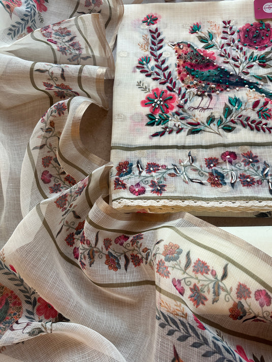 Kota Banarasi ivory bird pattern suit sets