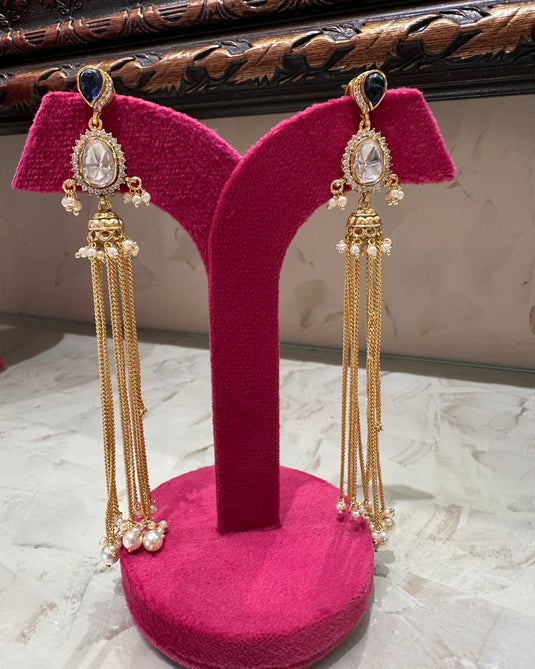 Strings Kundan work Kashmiri earrings with coloured droplets