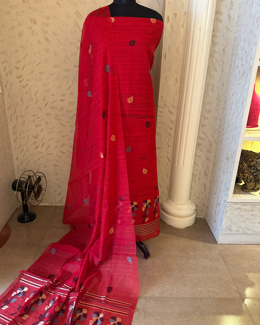 Jamdani flower bouquet chanderi silk suit set with cotton bottom