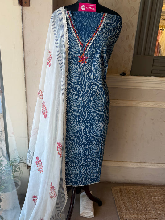 Indigo batik mirror neck pure cotton suit set