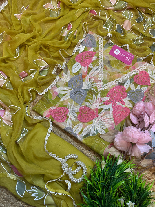 Floral embroidered neck cotton suit set with chiffon handpaint dupatta