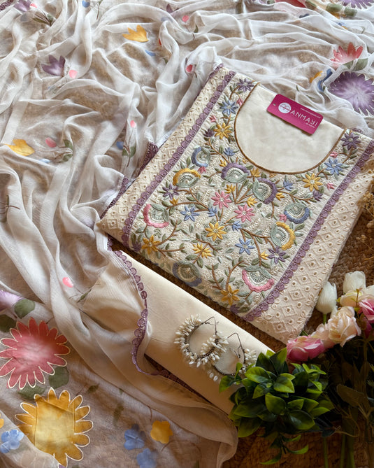 Hakooba pure cotton u neck embroidery suit set with Handpaint dupatta