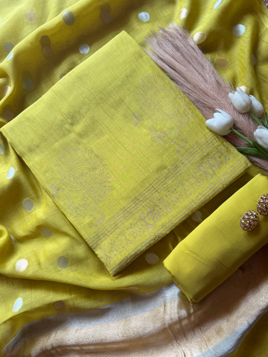 Pure Mul Chanderi block print suit set with Zari weave dupatta
