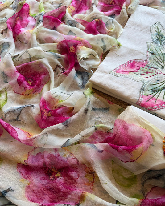 Cotton patch work cream suit set with pure chiffon floral dupatta