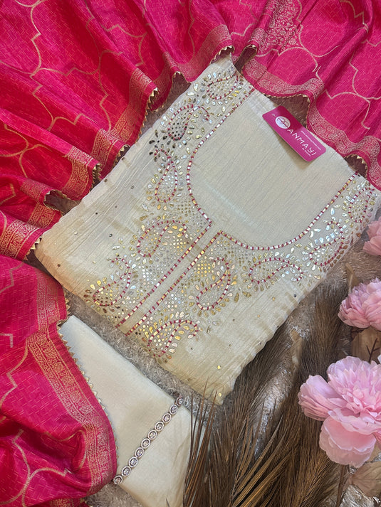 Crushed silk Mukaish Kamdani work suit sets with gold weaves silk dupatta