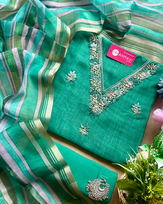 Tussar silk French knot work v neck suit set