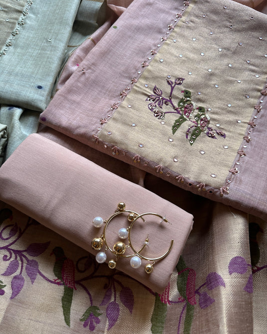 Parrot motif pastel jamdani suit set with cotton bottoms