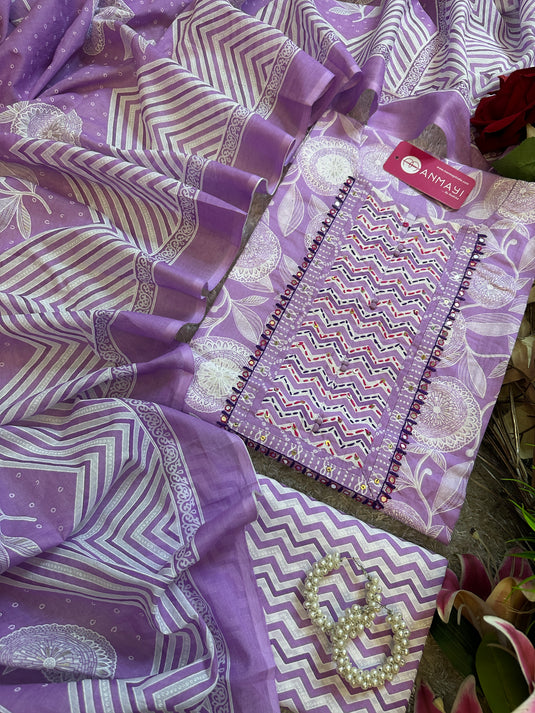 Lilac floral print pure cotton suit with mul dupatta