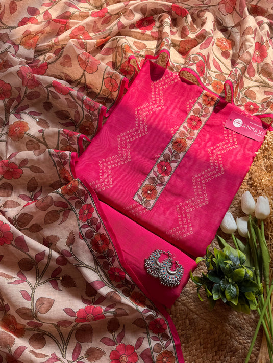 Soft Chanderi Bandhani print suit set with kantha highlight dupatta
