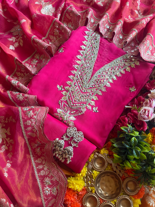 Georgette mirror work suit set with Banarasi jacquard dupatta