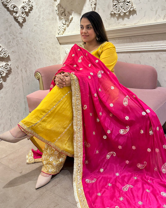 Yellow A line pure chinnon embroidered suit set