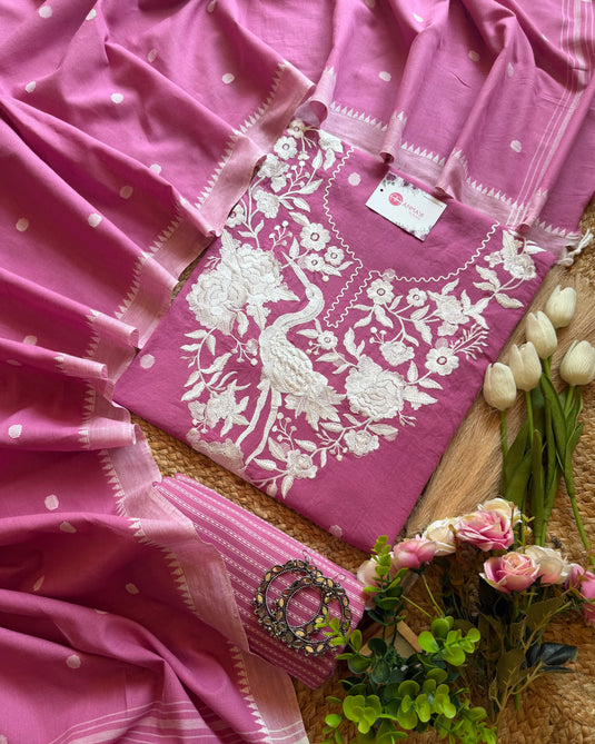 Soft Handloom swan thread work suit set