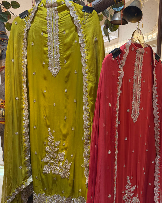 Fine Chinnon embroidered suit set with chiffon dupatta