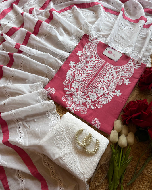 Chikankari neck cotton suit set with Hakooba bottom and dupatta