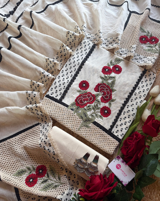 Black and white Pakistani crochet suit set with patches
