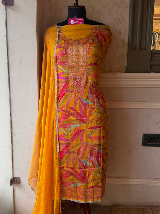 Dolla Silk coloured leaf suit set with chiffon dupatta