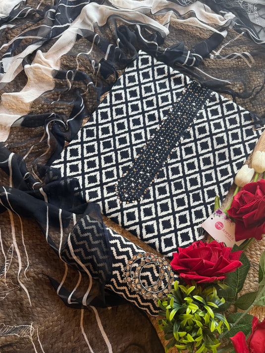 Patterned black and white cotton with chiffon dupatta