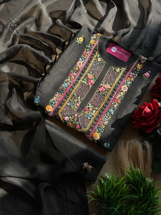 Pure raw silk French knot work suit with organza dupatta