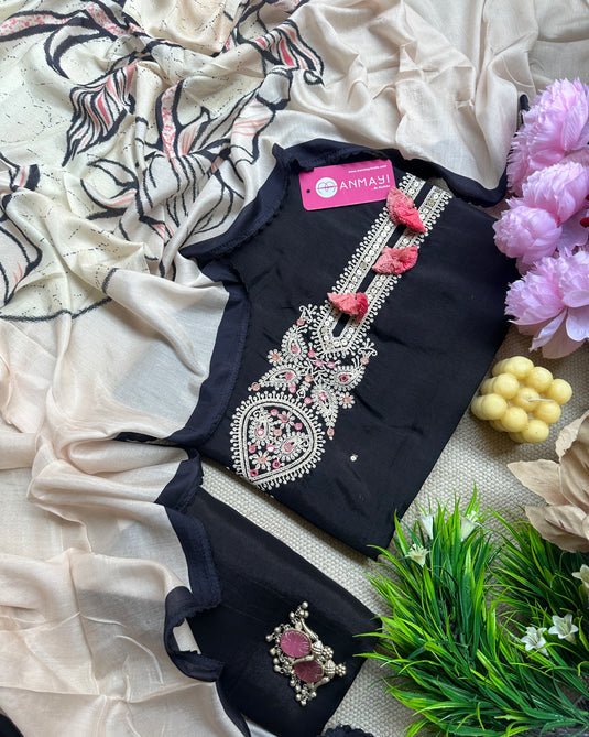 Tassel neck black pure silk suit with russian silk printed dupatta