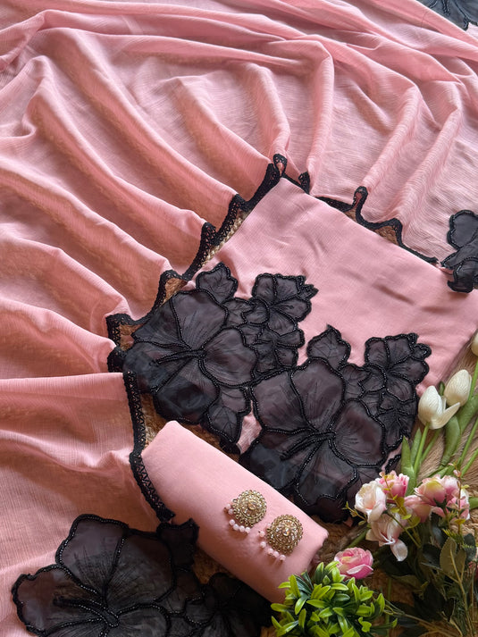 Black rose organza embroidered patch crushed Mul Chanderi suit set
