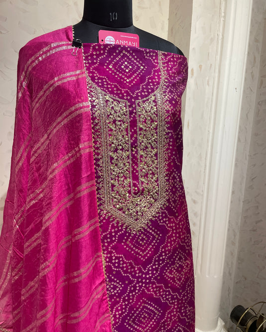 Bandhani print festive modal suit set with banarasi cotton dupatta