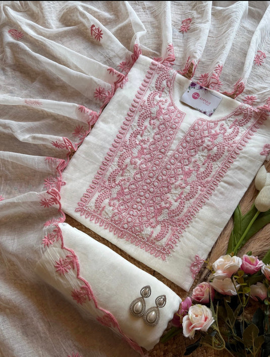 Little pearl lucknawi work Mul Chanderi suit set