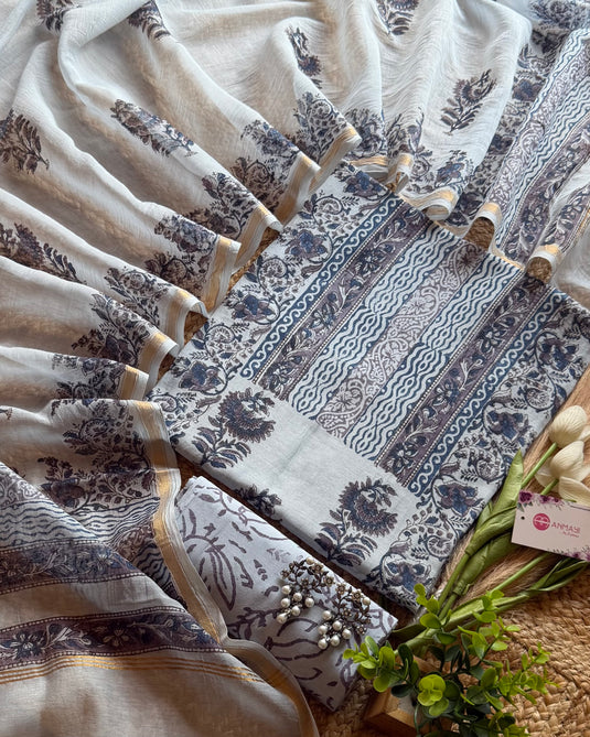 Mughal floral booti block print pure Mul Chanderi suit set