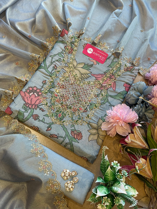 Shimmer organza crushed kani print suit set with shimmer dupatta
