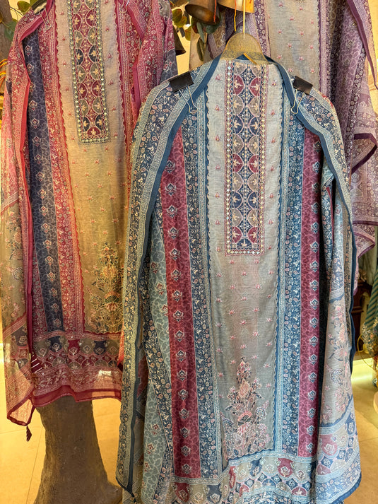 Highlighted Panel Chanderi Persian print suit set