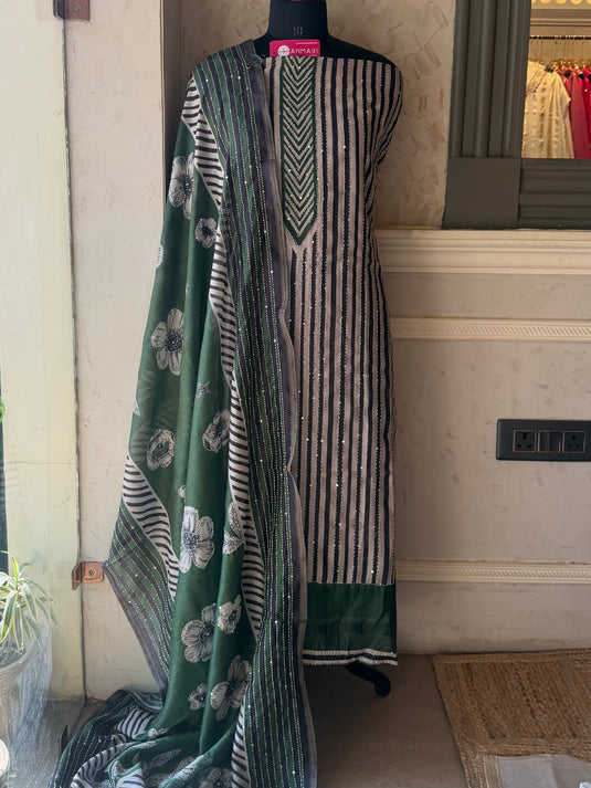 Kantha stripes floral fine Chanderi silk suit set