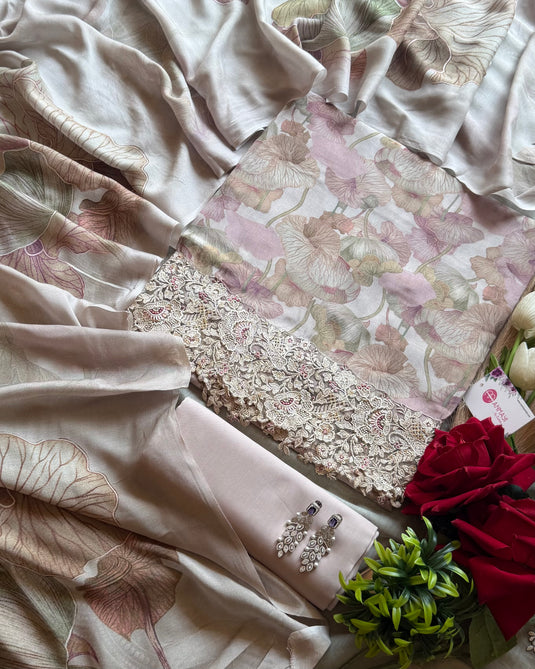 Digital fine muslin organza work border suit set