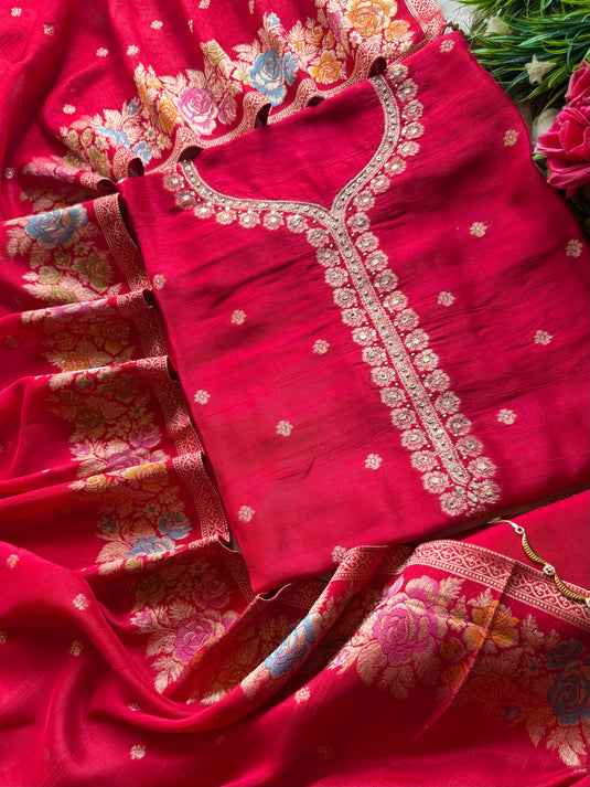 Handloom silk gold coloured flower patterns suit set
