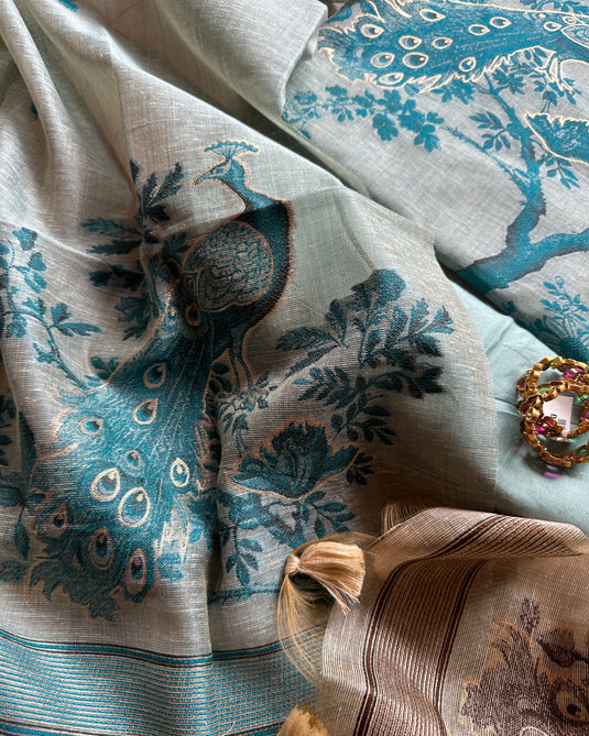 Peacock motifs Jamdani silk suit set