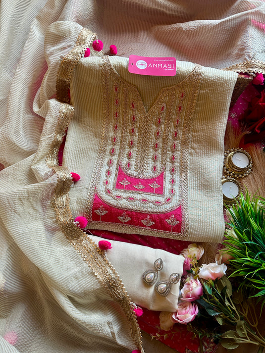 Shimmer lines Anarkali neck ivory suit set with pom pom details