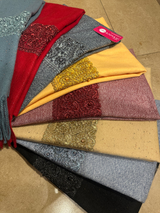 Organza embroidered patch woollen stoles