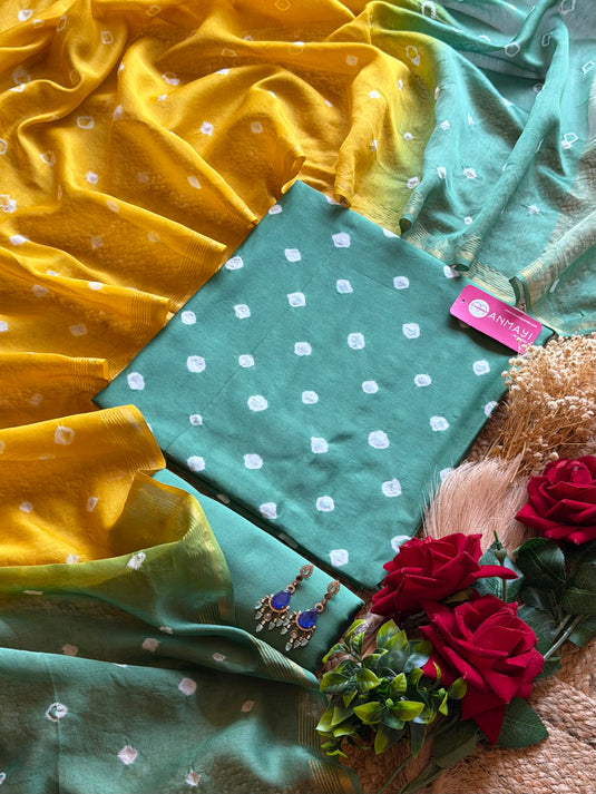 Pure Mul cotton Bandhani suit set with double shade dupatta