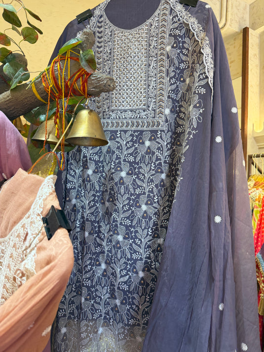 Lucknawi work Mul Chanderi suit set