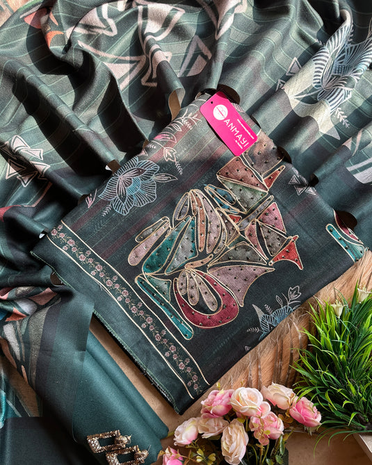 Spun Pashmina abstract print highlighted suit set