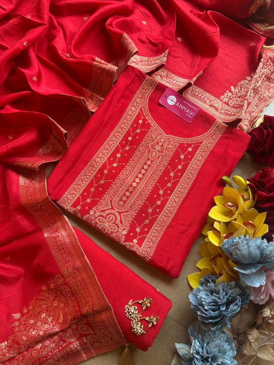 Dolla silk jacquard work Anarkali neck suit set