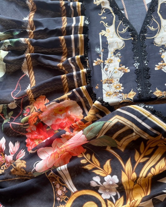 French frame garden black muslin suit set