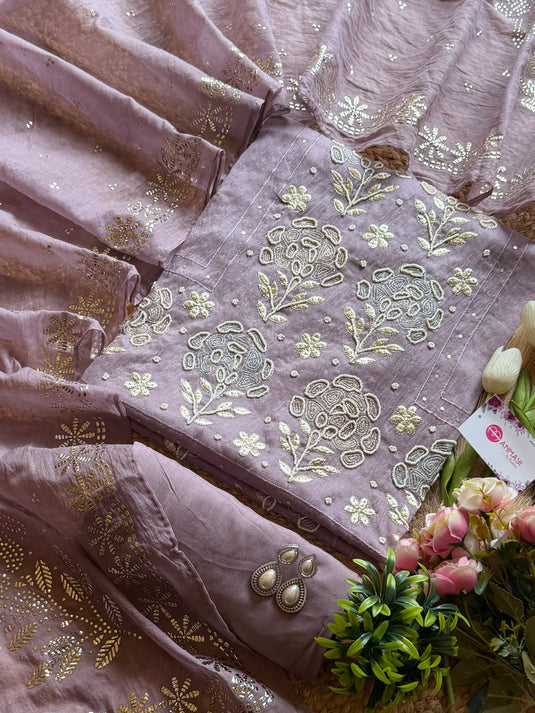 Pearl pita detailed Mul Chanderi Suit set