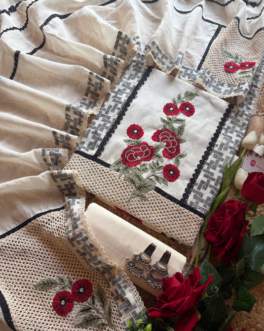 Black and white Pakistani crochet suit set with patches