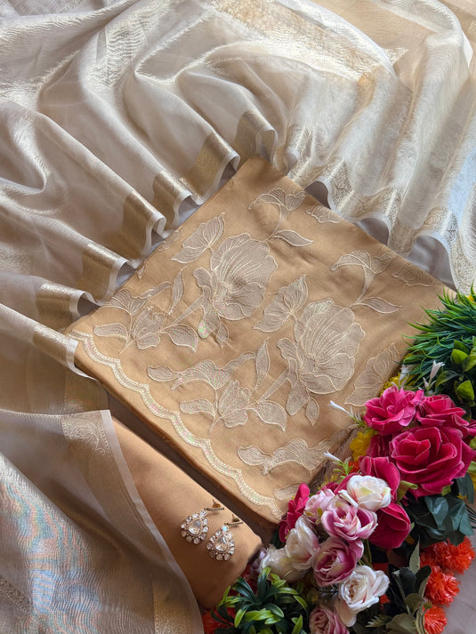 Patched gold Mul Chanderi suit set with tissue dupatta
