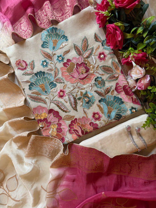Shimmer silk patched embroidery ivory gold suit set