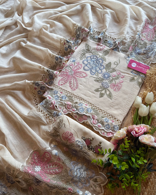 Pure Mul Pakistani embroidered ivory suit set