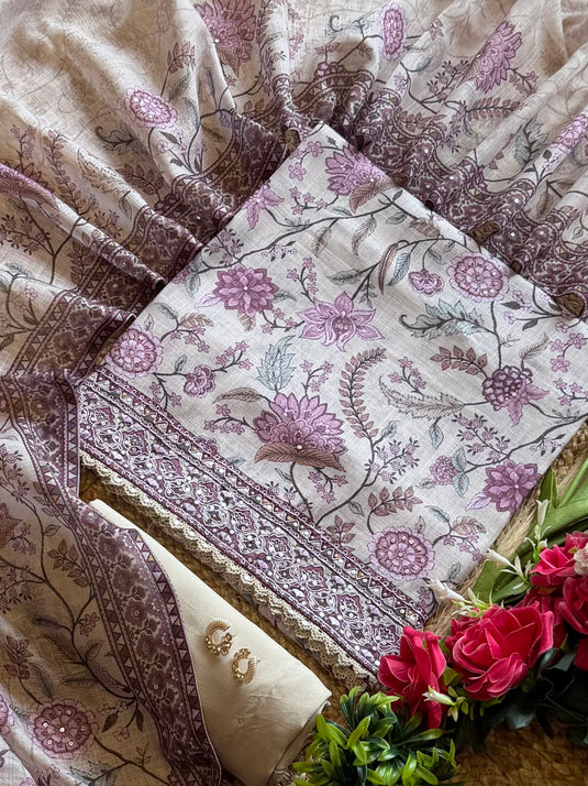 Chanderi silk beige flower print suit set