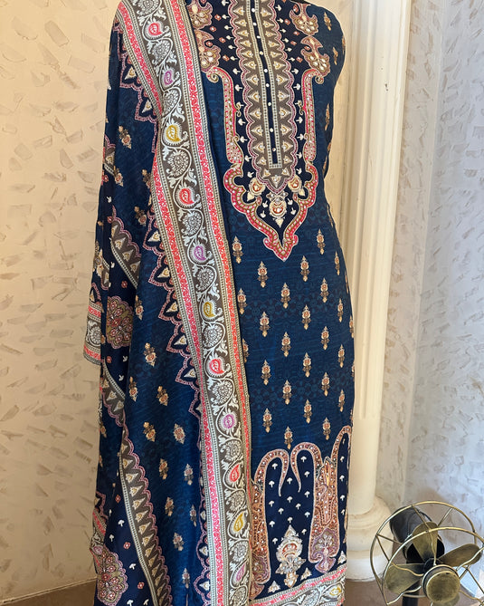 Arabic print raw silk mirror work suit set