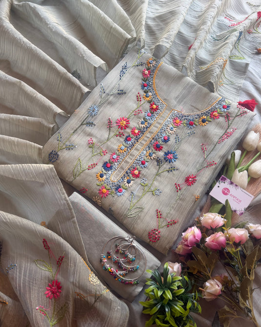 Crushed tissue shimmer French knot Kantha work suit set