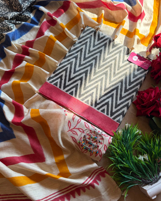 Zig zag patterned Khadi pashmina suit set with floral dupatta