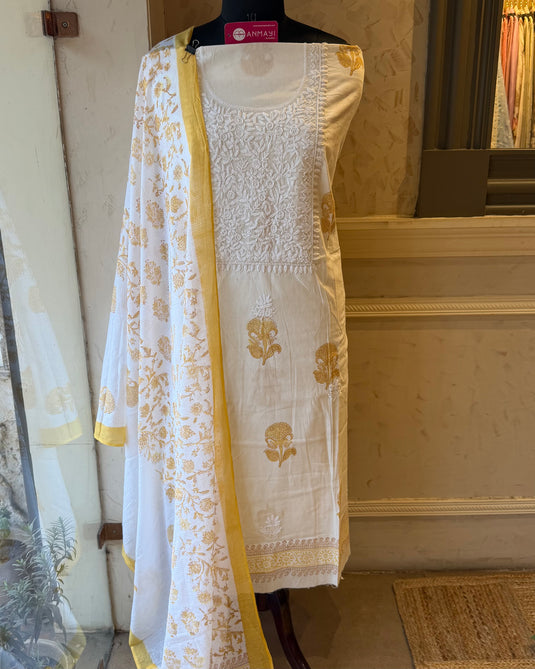 Cotton print chikankari neck with Kota print dupatta